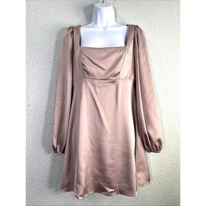 Forever 21 Satin Mini Dress Women S Taupe Square Neck Puff Sleeve Romantic Chic‎